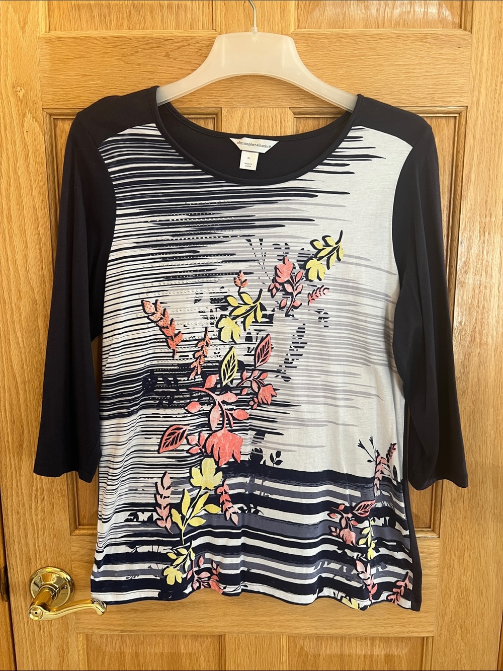 Christopher Banks Navy Blue Floral Stripe Knit Top Coral & Yellow Accents XL